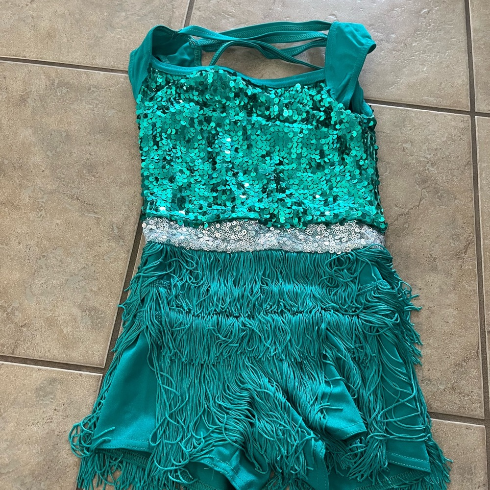 tap costume one piece teal and silver
